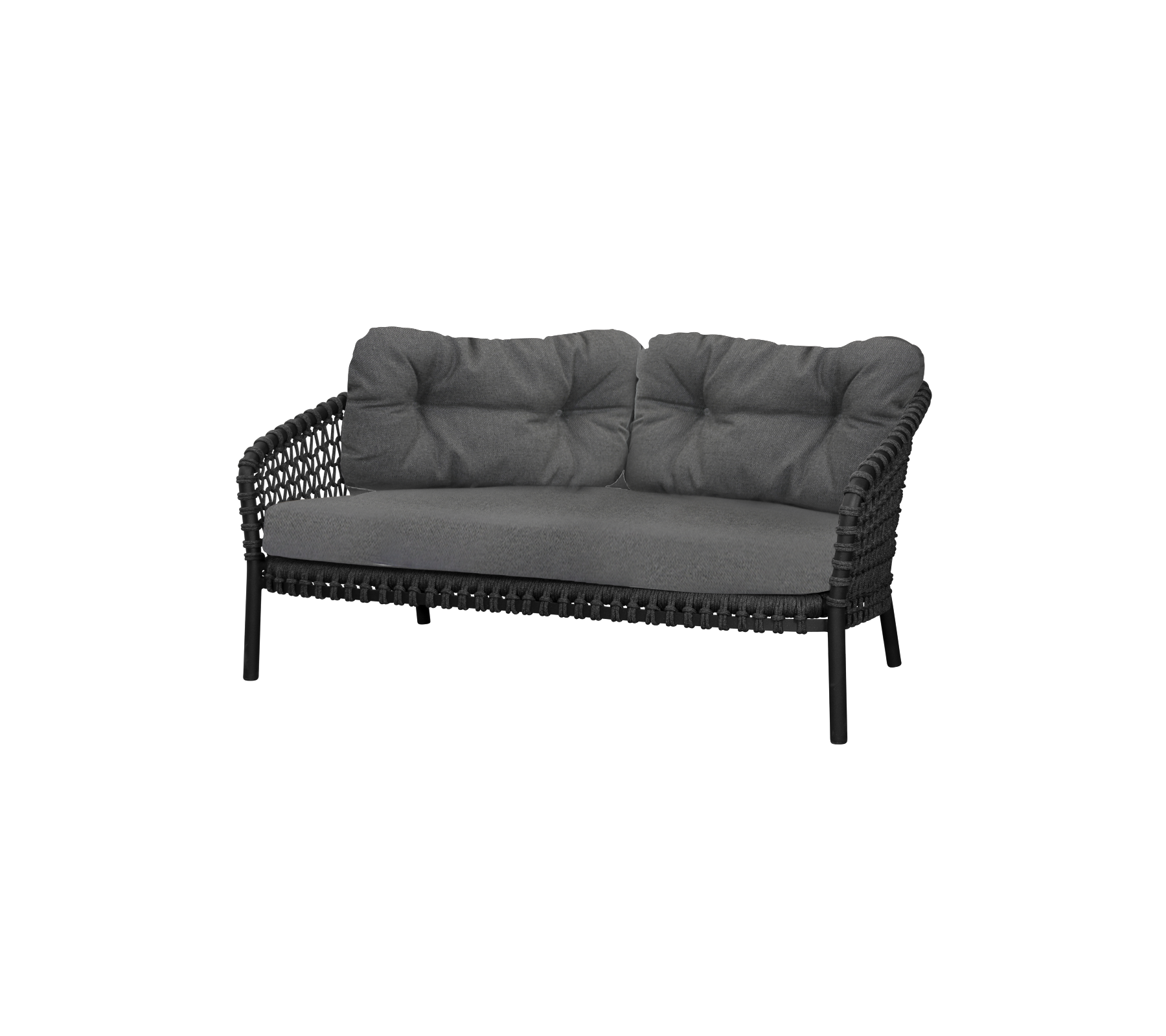 Stilren tvåsitssoffa med en slank svart ram och mjuka grå kuddar för komfort och elegans. Perfekt för moderna sittarrangemang.