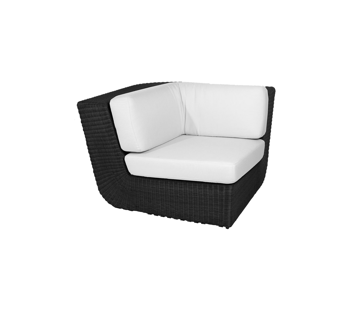 Stilren hörnsoffa med en elegant svart vävd design och bekväma vita kuddar, perfekt för moderna sittlösningar.