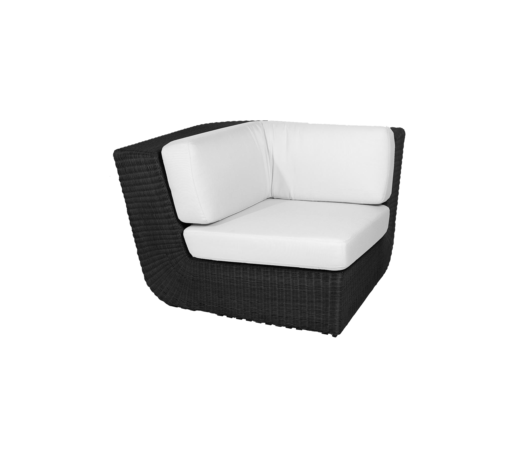 Stilren hörnsoffa med en elegant svart vävd design och bekväma vita kuddar, perfekt för moderna sittlösningar.