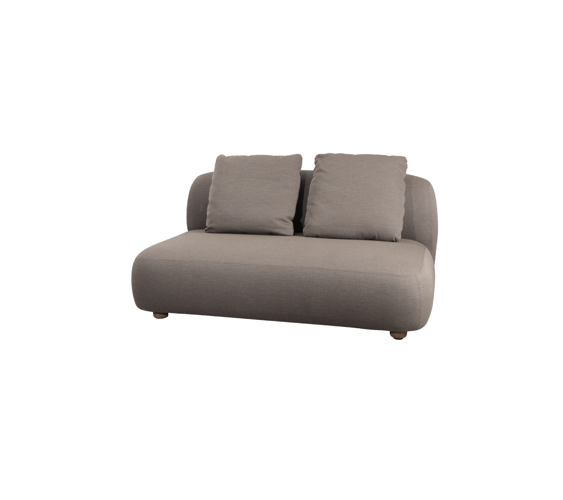 Bekväm, modern soffa i ett mjukt grått tyg med två mjuka kuddar, med rundade kanter för ett samtida utseende.