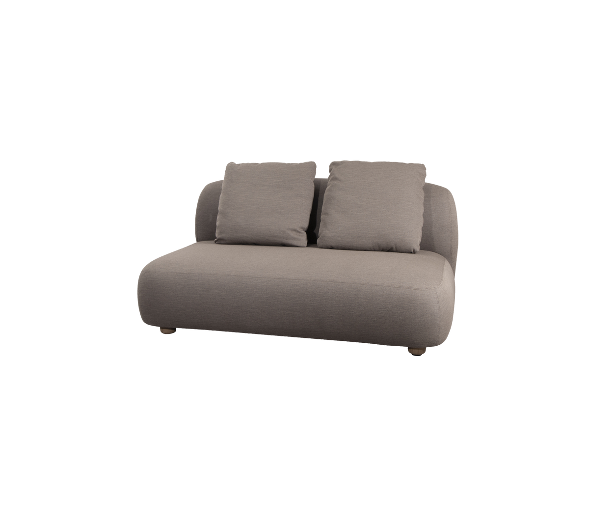Bekväm, modern soffa i ett mjukt grått tyg med två mjuka kuddar, med rundade kanter för ett samtida utseende.