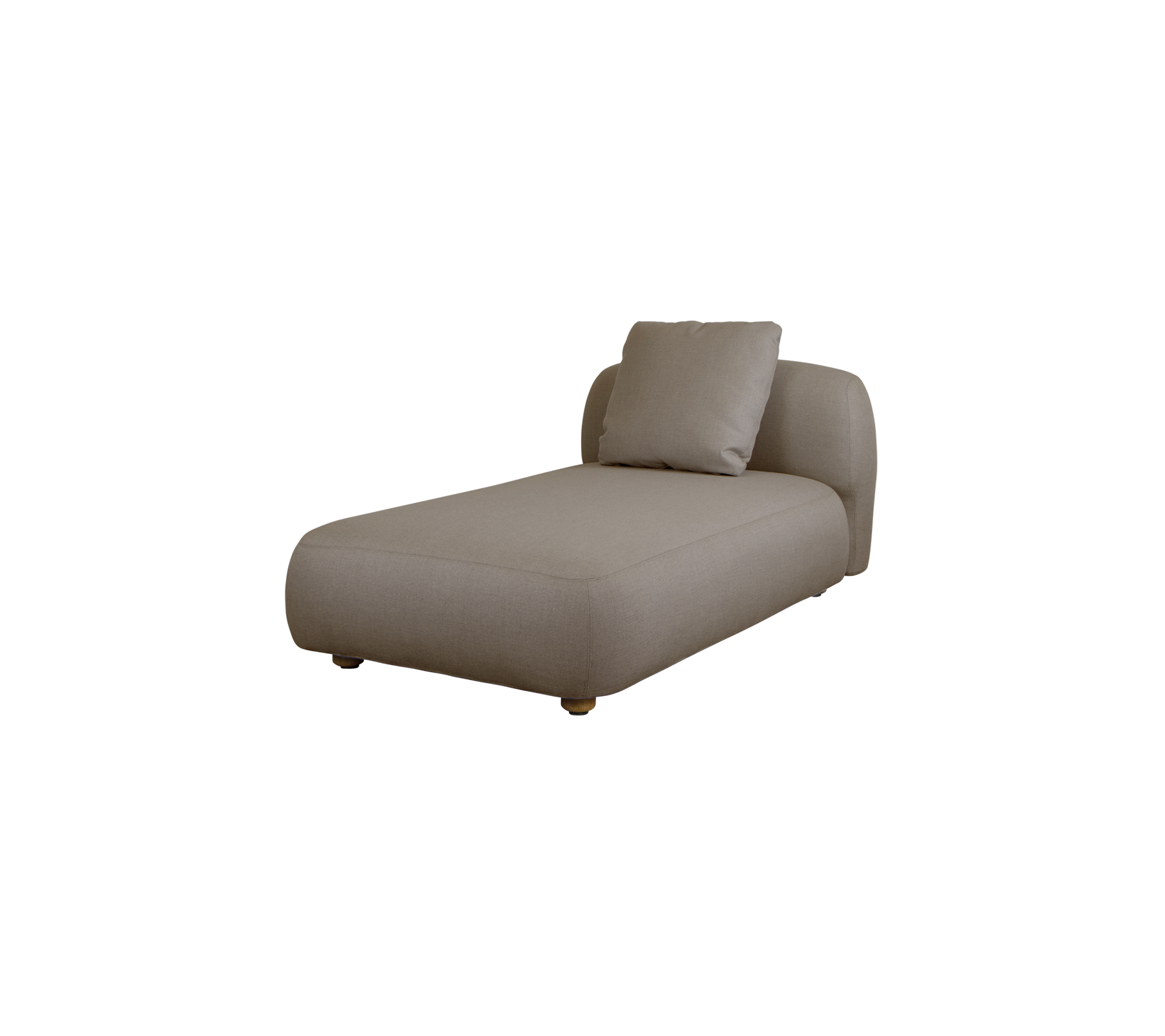 Samtidig chaise lounge i ett neutralt tyg, med en stilren, minimalistisk design och ett mjukt kudd för komfort.