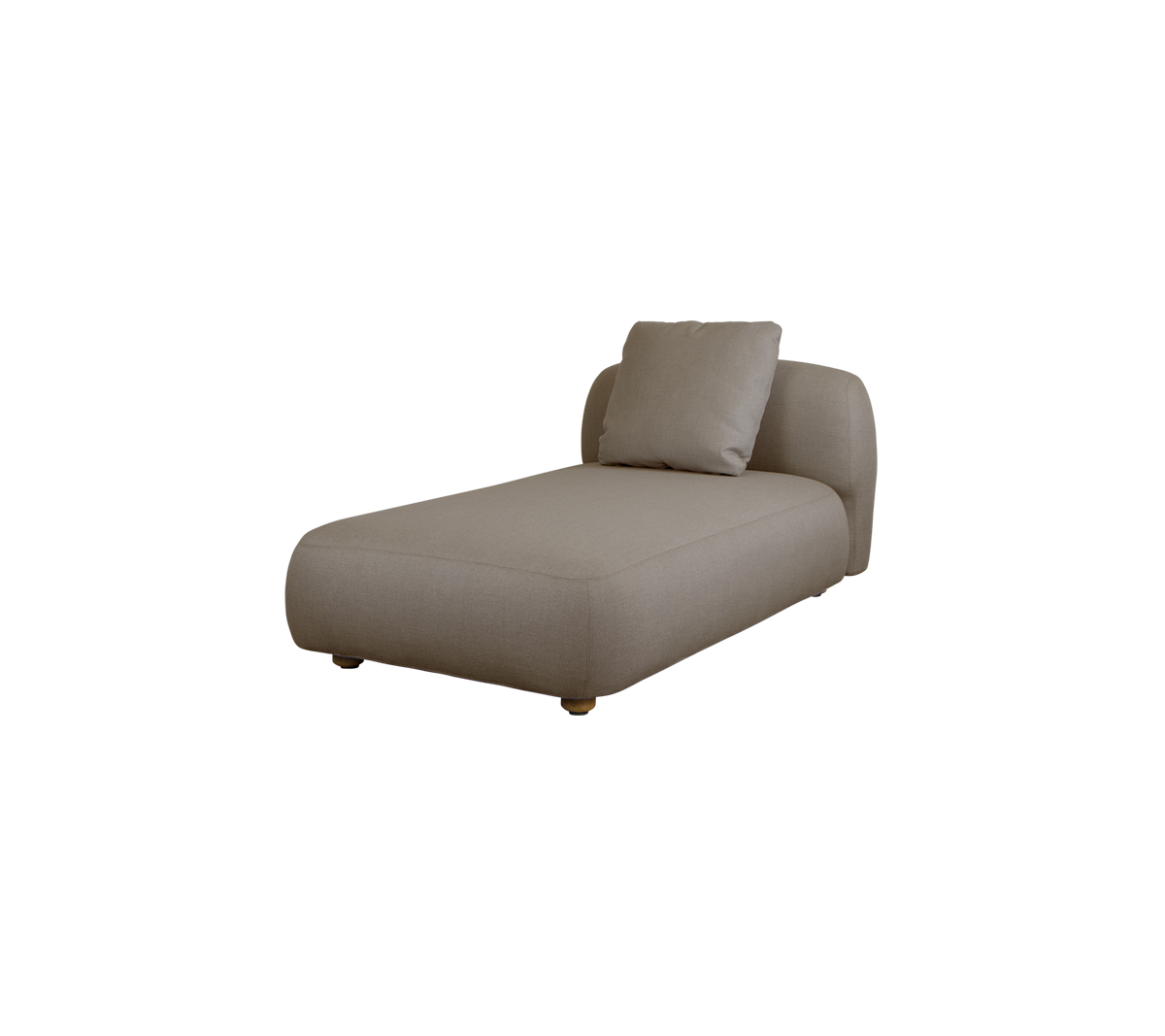 Samtidig chaise lounge i ett neutralt tyg, med en stilren, minimalistisk design och ett mjukt kudd för komfort.