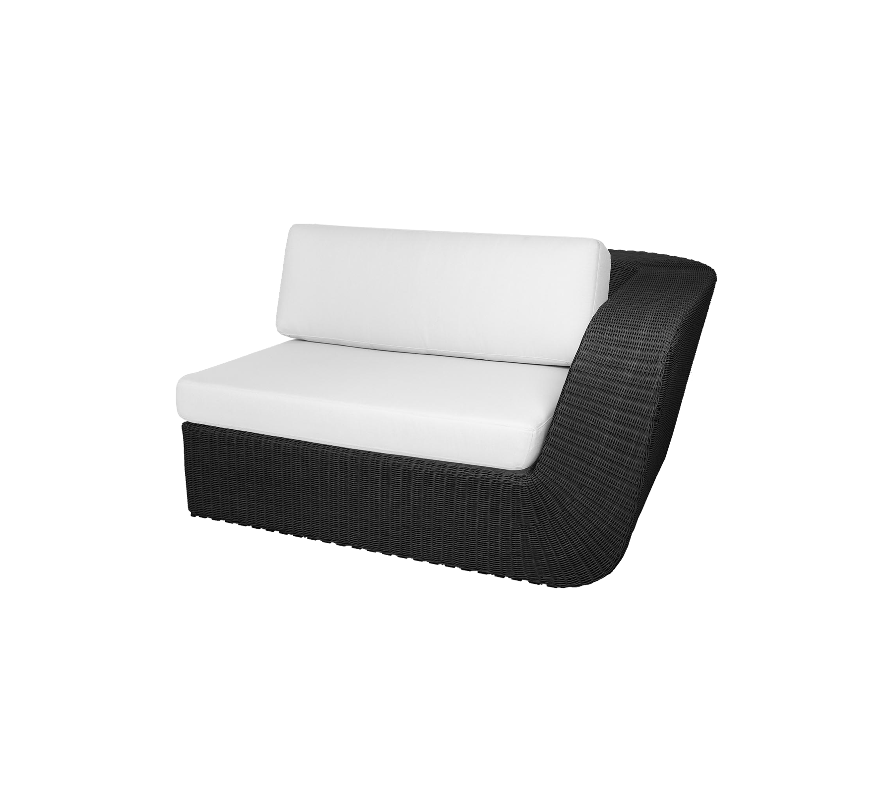 Samtida sittplatser med en stilren svart ram och plumpiga vita kuddar, designade för komfort och stil.