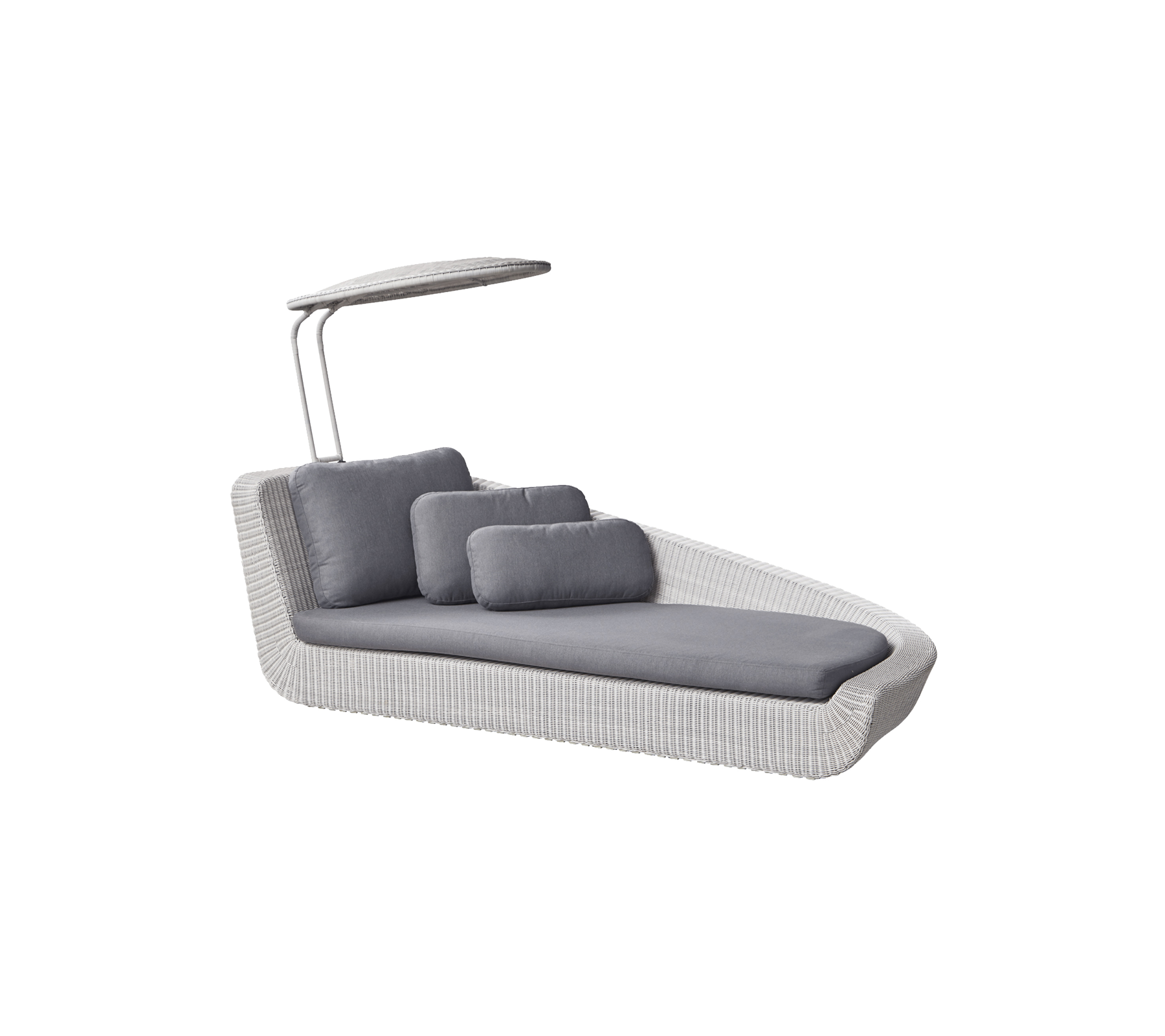 Stilren loungestol med en elegant design, med grå kuddar och ett skyddande tak för extra komfort. Perfekt för avkoppling.
