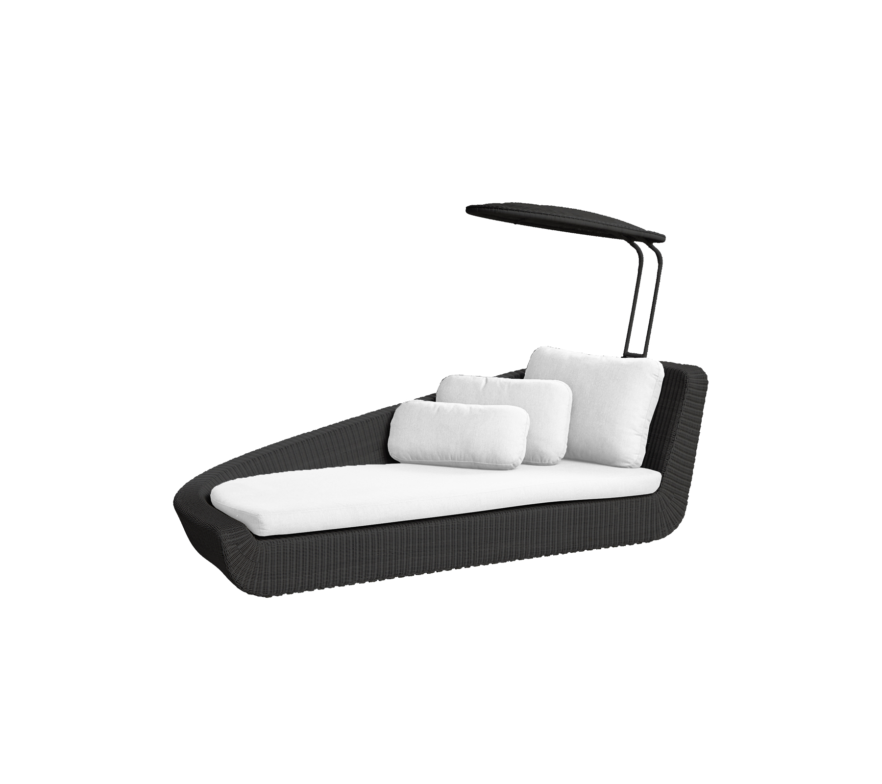 Stilfull utomhusloungestol med en smidig design, utrustad med mjuka vita kuddar och ett skyddande tak för komfort och avkoppling.