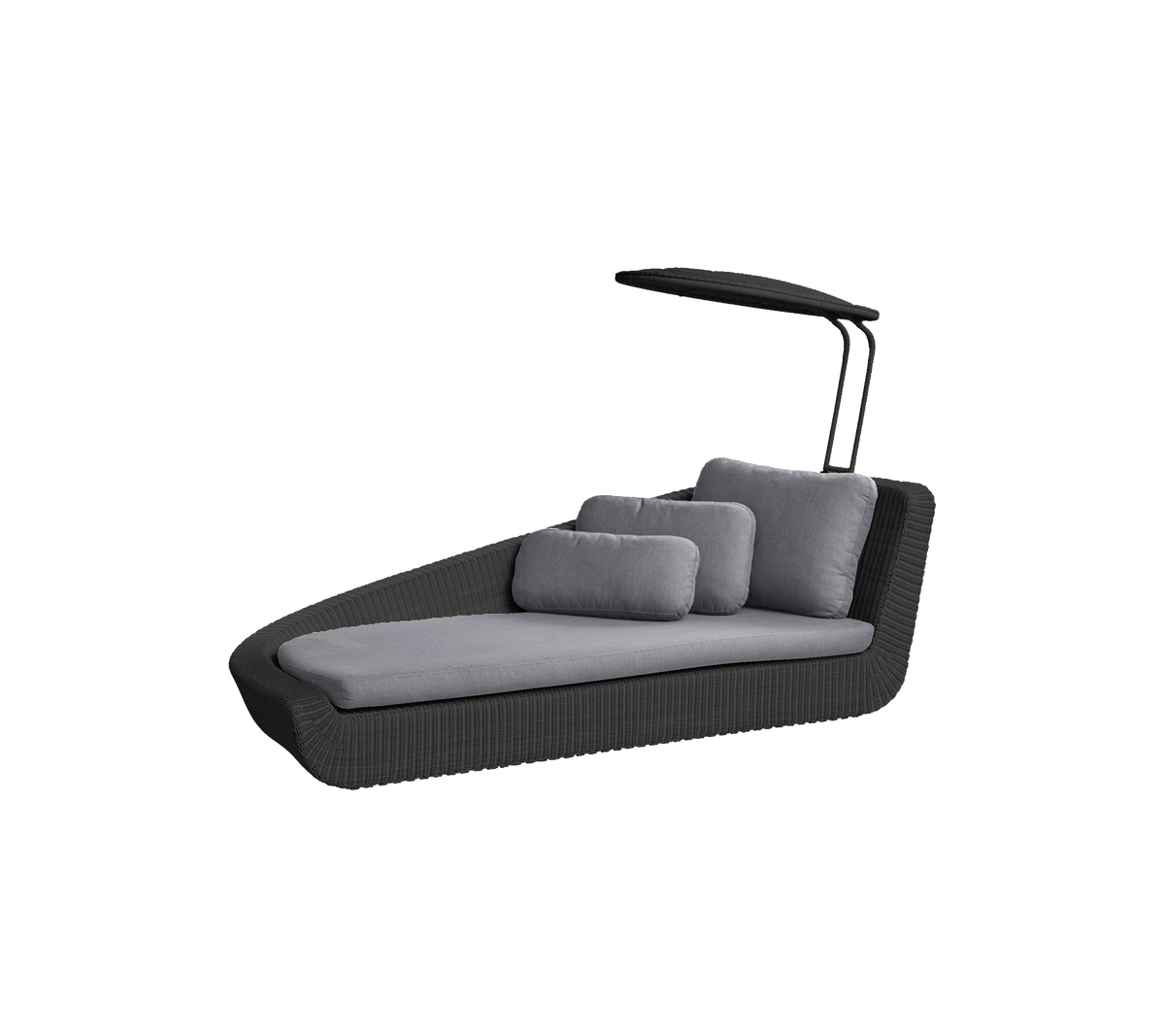 Stilfull loungestol med modern design, utrustad med en baldakin och mjuka grå kuddar för komfort och avkoppling.