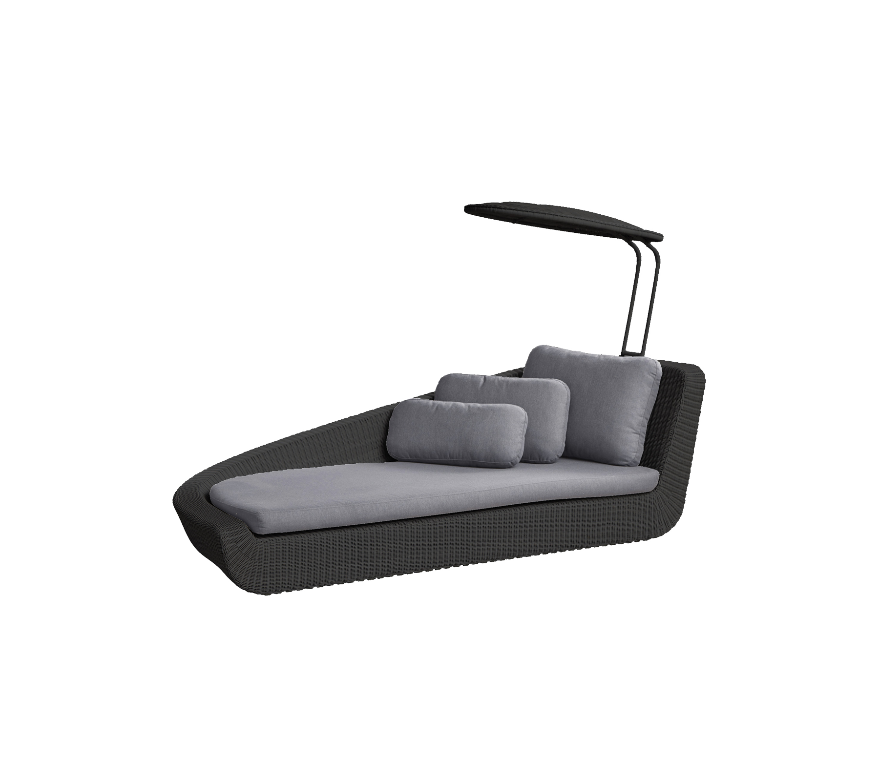 Stilfull loungestol med modern design, utrustad med en baldakin och mjuka grå kuddar för komfort och avkoppling.