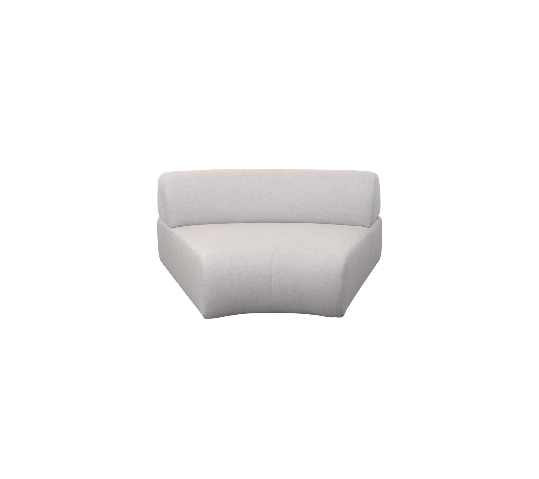 En stilren, modern böjd soffa i ett ljust tyg, designad för komfort och samtida utrymmen. Idealisk för mysiga sittarrangemang.
