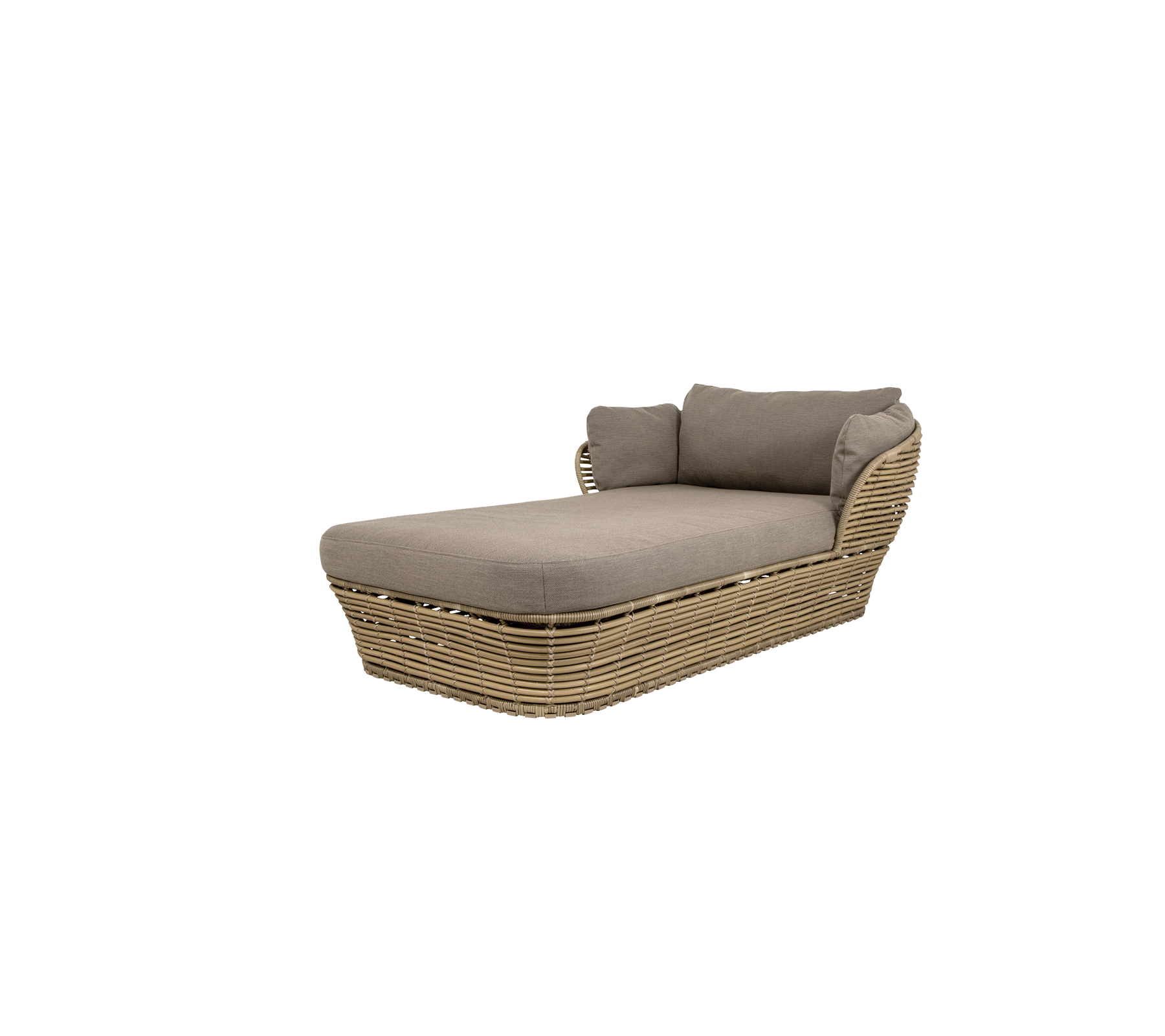 Stilfull utomhus loungesoffa med en beige kudde och vävd korgbas, ideal för avkoppling i trädgårdar eller på terrasser.