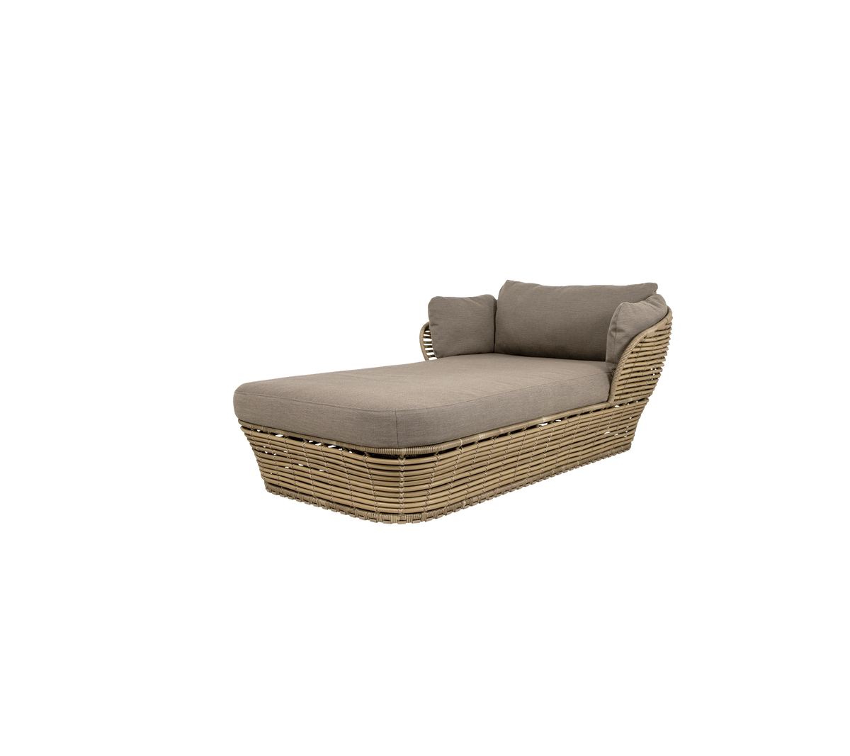 Stilfull utomhus loungesoffa med en beige kudde och vävd korgbas, ideal för avkoppling i trädgårdar eller på terrasser.