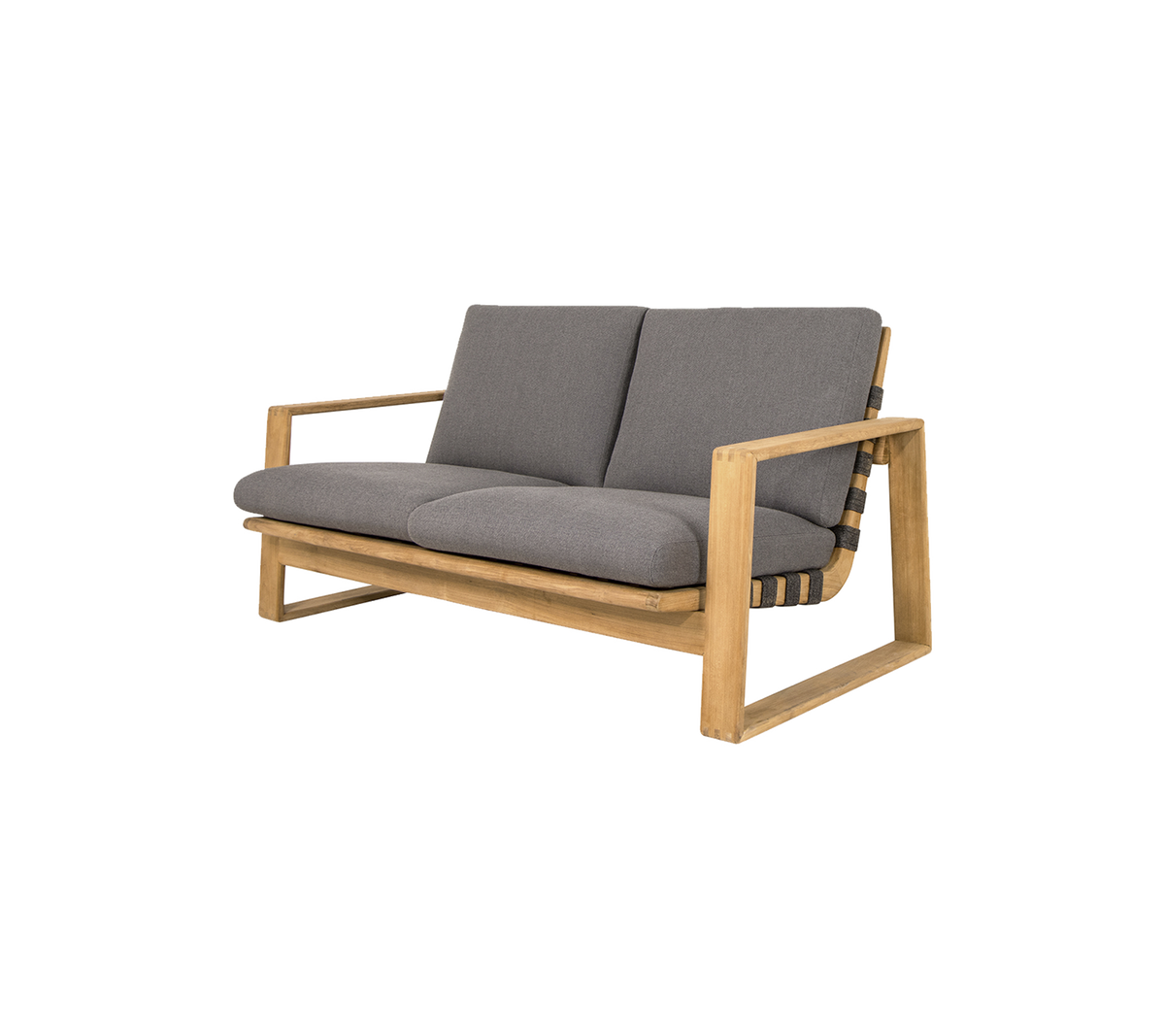 Tvåsitssoffa med en ljus träram och grå kuddar, med en modern design och bekväm sittplats.