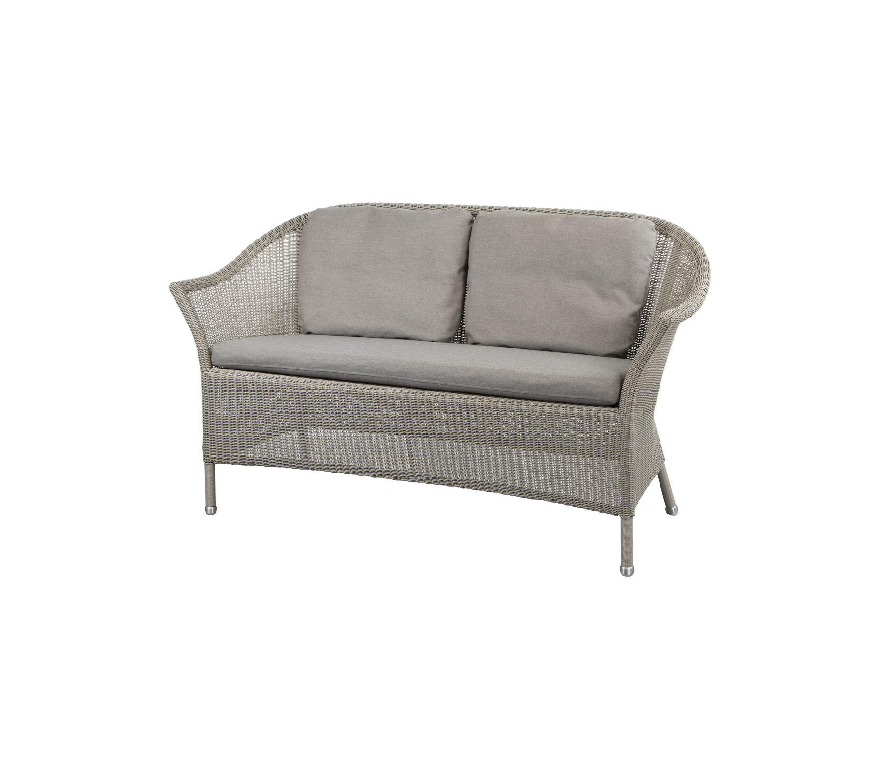Mysig tvåsitssoffa med ljusgrå kuddar och vävd design, perfekt för avkoppling och stiligt sittande.
