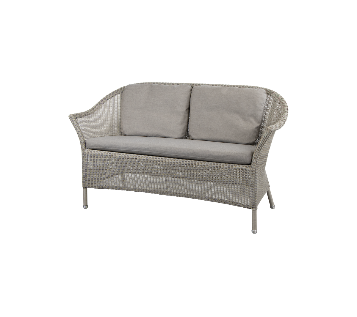 Mysig tvåsitssoffa med ljusgrå kuddar och vävd design, perfekt för avkoppling och stiligt sittande.
