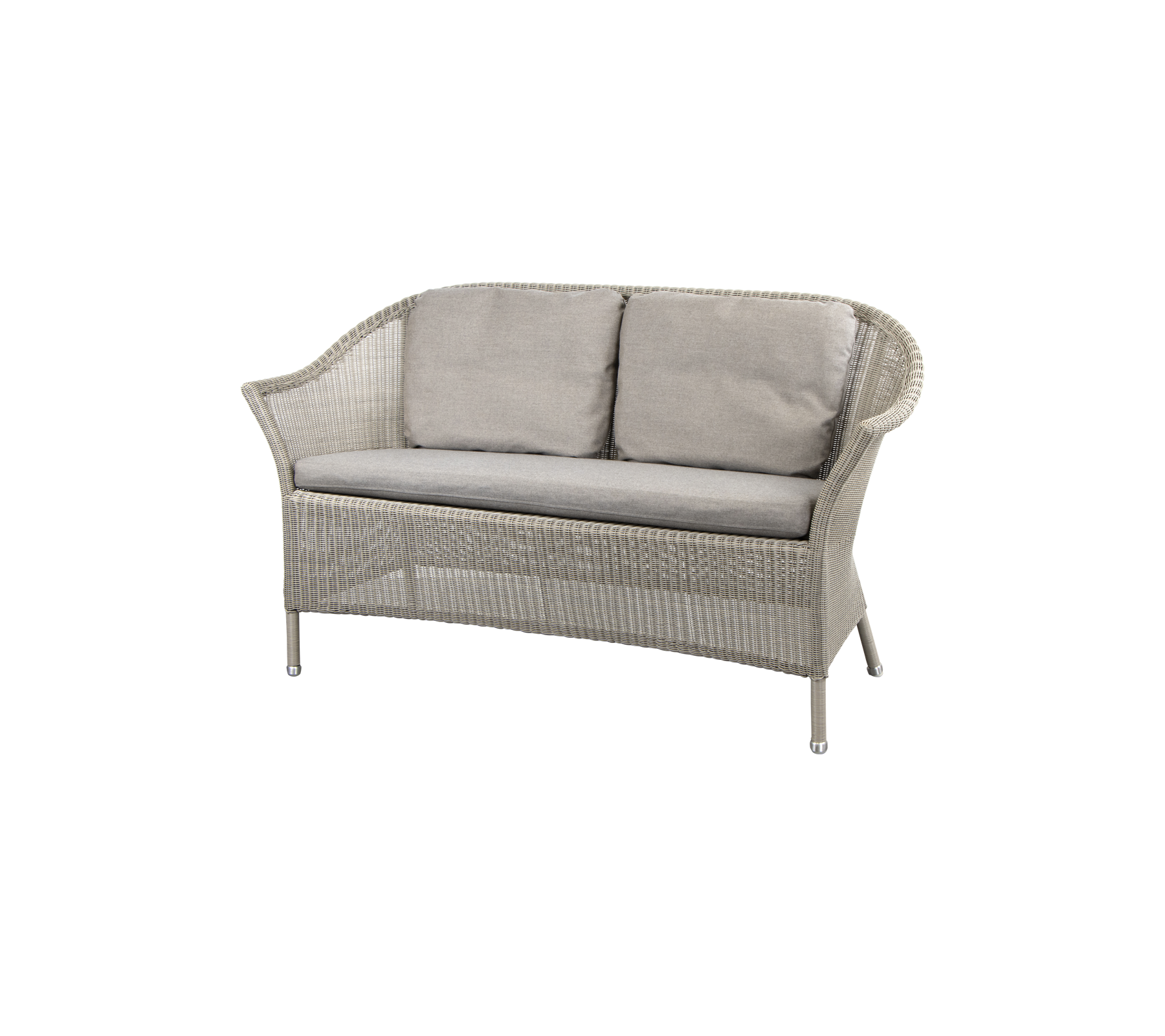 En stilren soffa för två med en flätad ram och mjuka grå kuddar, perfekt för mysiga sittalternativ.