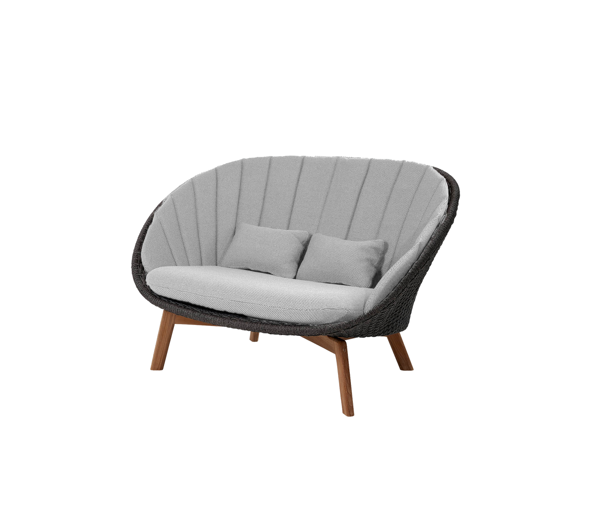 Stilfull tvåsitssoffa med en böjd design, med grå klädsel och trärben, perfekt för att tillföra komfort och modern stil.