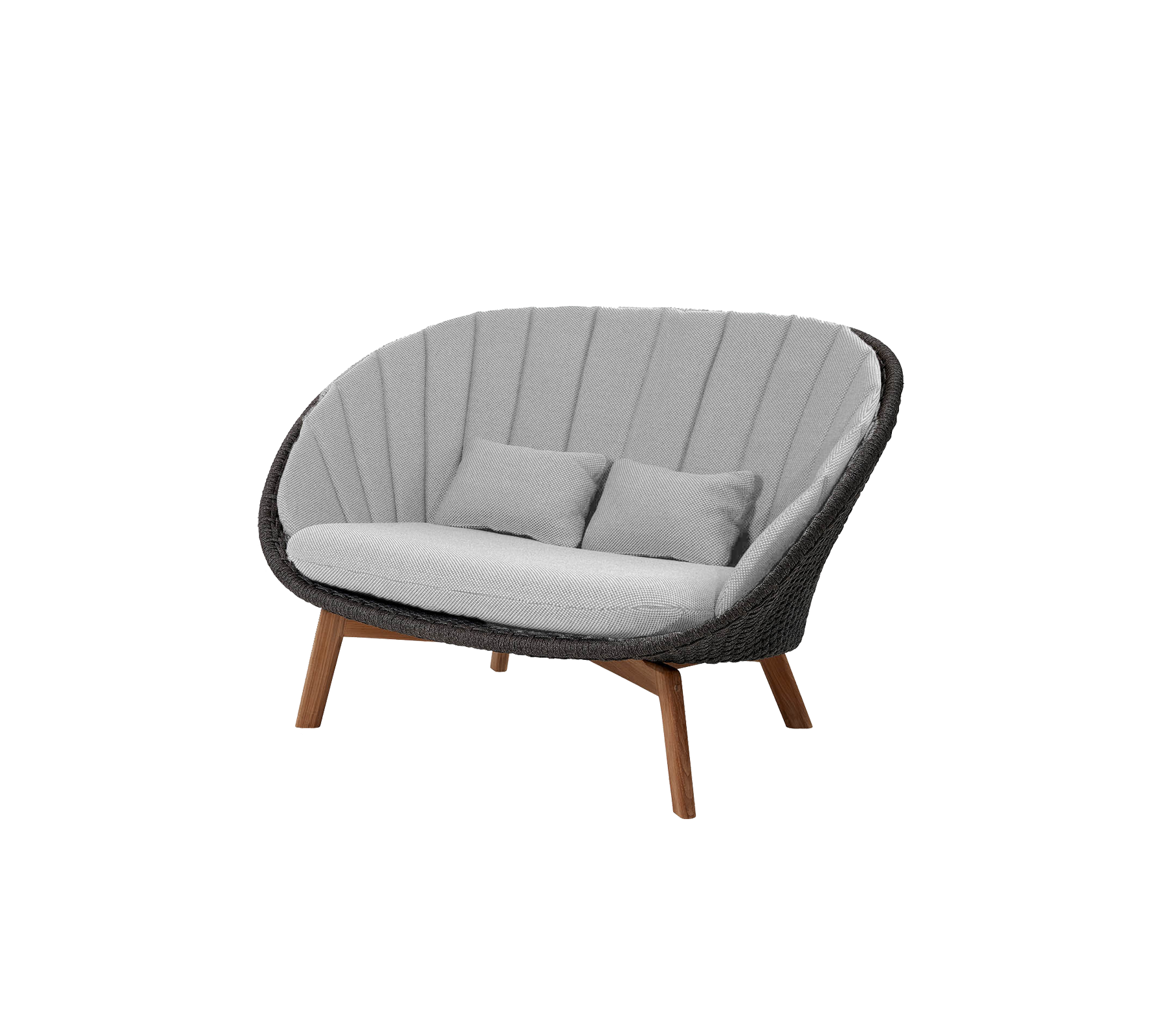 Stilfull tvåsitssoffa med en böjd design, med grå klädsel och trärben, perfekt för att tillföra komfort och modern stil.