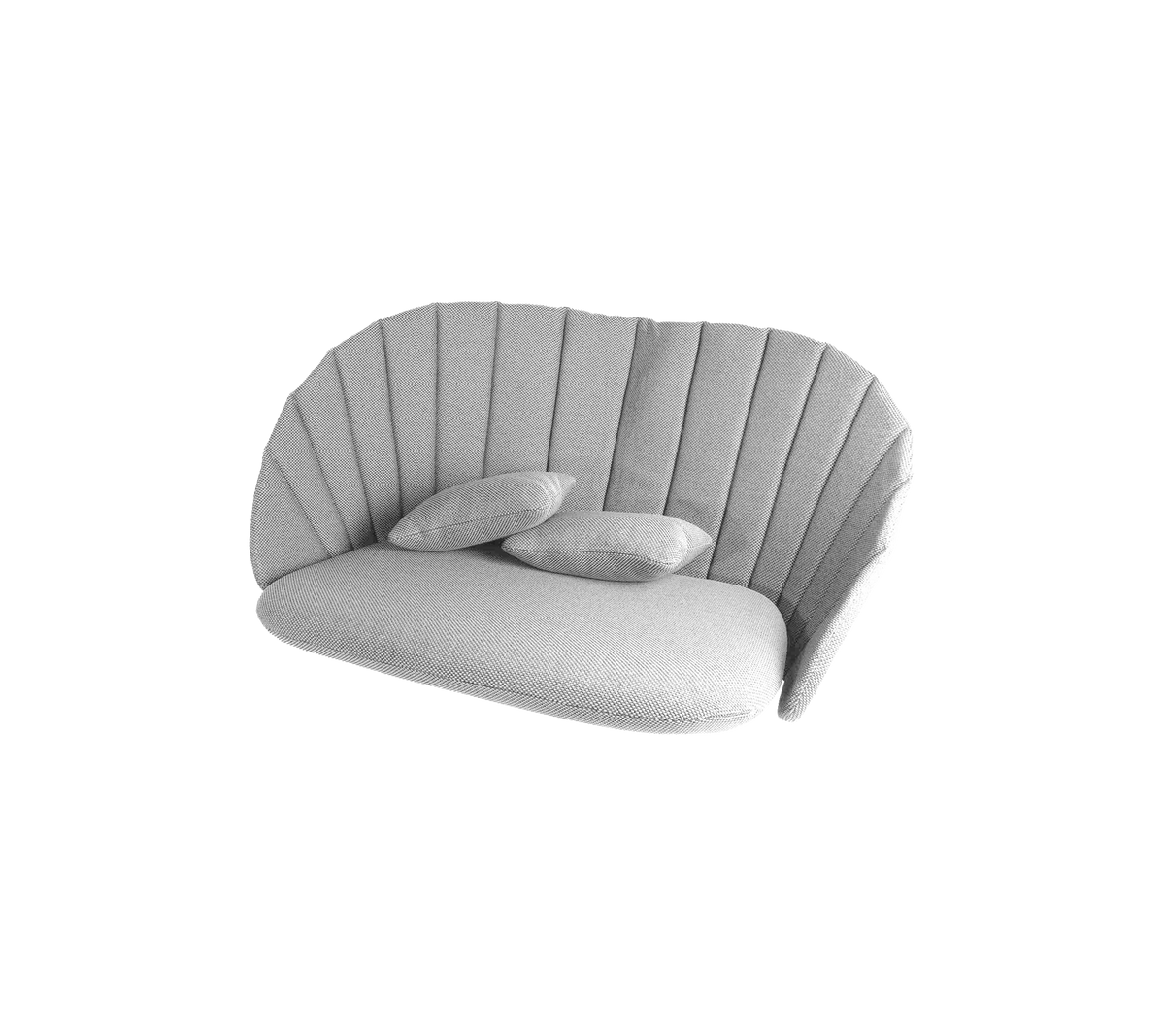 Stilren böjd soffa med mjuk grått tyg och tre plyschkuddar, med en ribbad design för extra elegans.