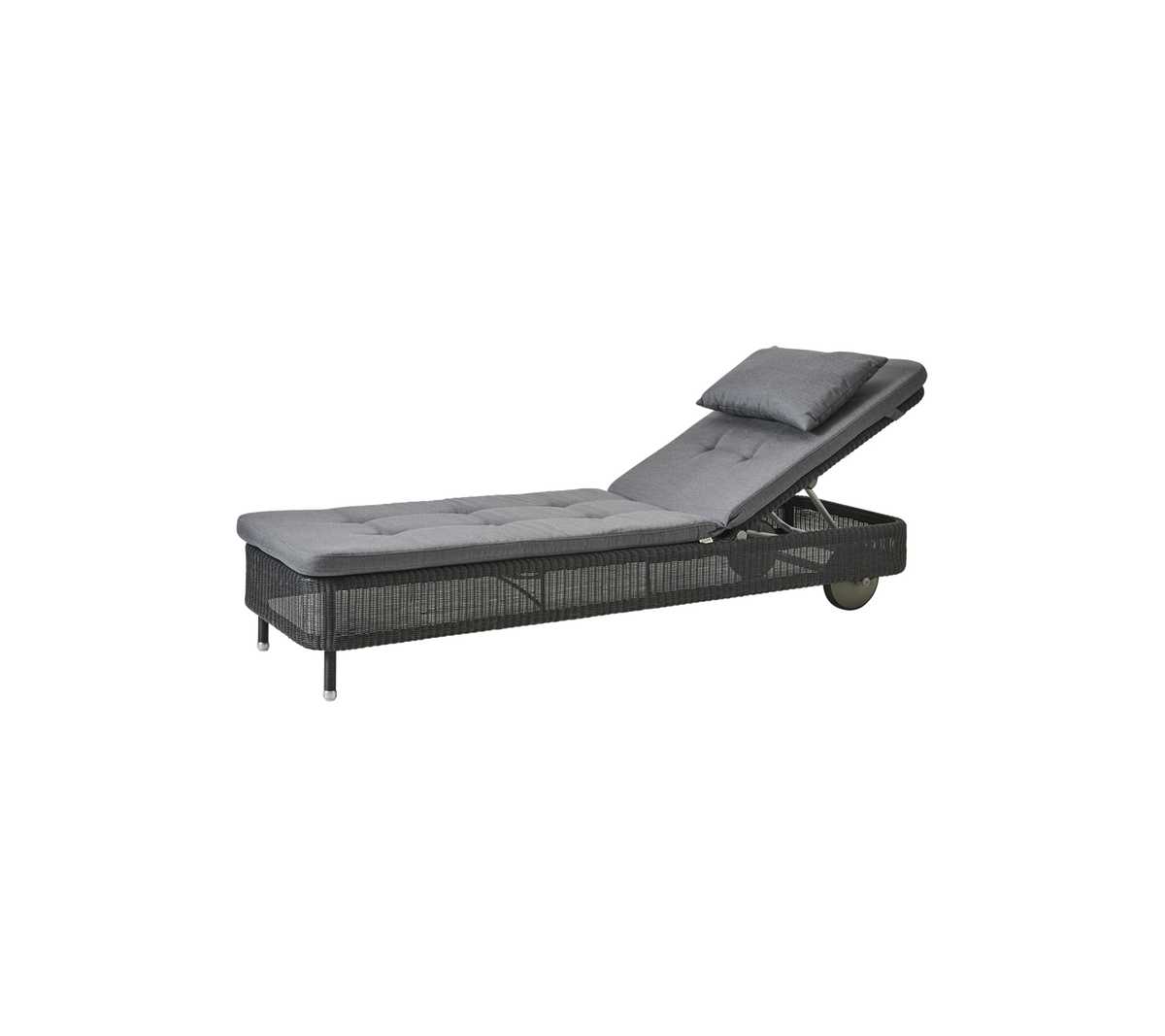 Justerbar chaise longue med en mjuk grå kudde och en texturerad bas, perfekt för avkoppling i alla miljöer.