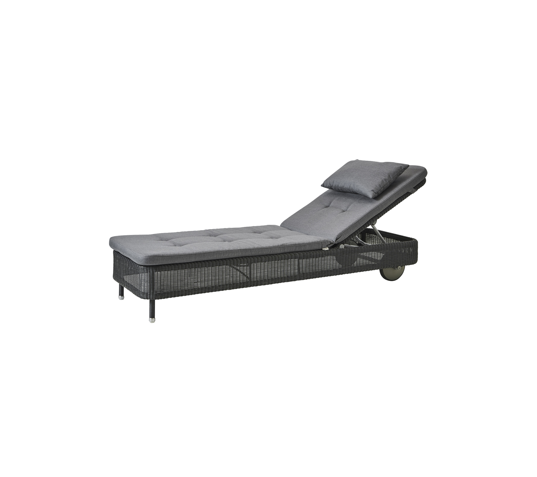 Justerbar chaise longue med en mjuk grå kudde och en texturerad bas, perfekt för avkoppling i alla miljöer.