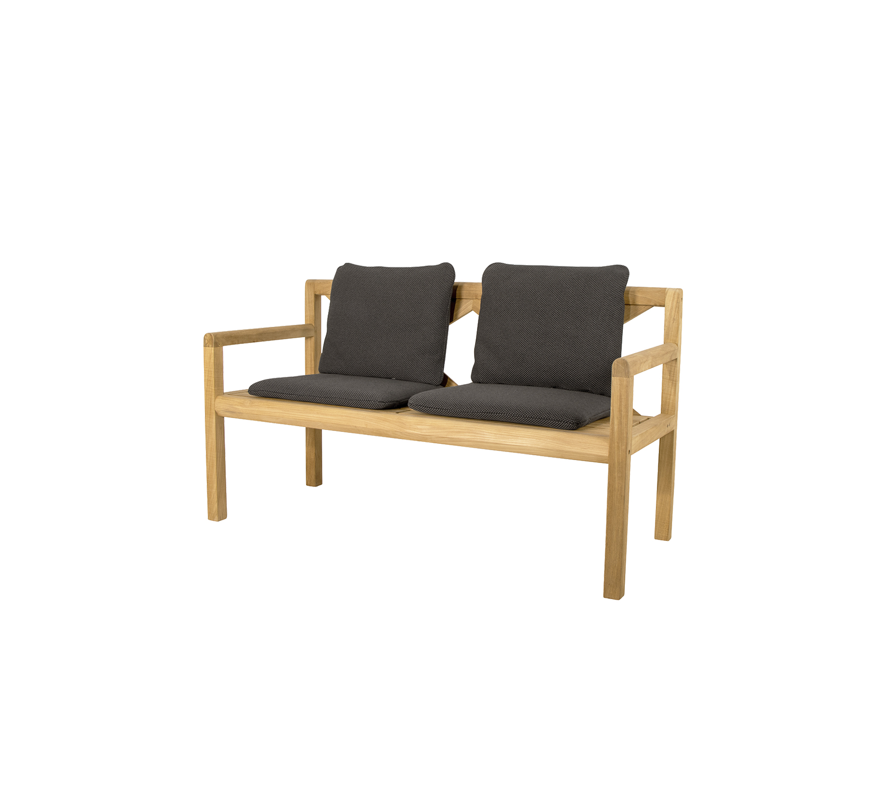 Tvåpersoners träbänk med bekväma mörkgrå kuddar, med en enkel och modern design. Ideal för avslappnad sittning.