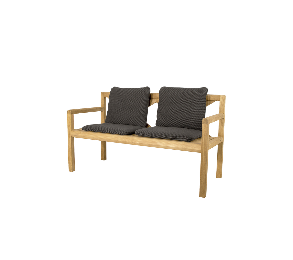 Tvåpersoners träbänk med bekväma mörkgrå kuddar, med en enkel och modern design. Ideal för avslappnad sittning.