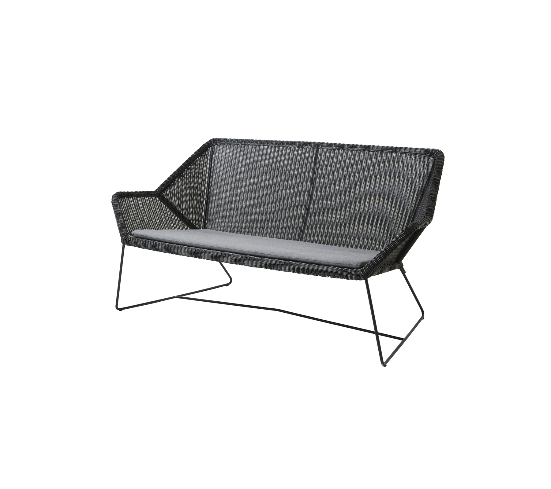 Stilren tvåsitssoffa med vävd design och bekväm grå kudde, som har eleganta metallben för stöd.