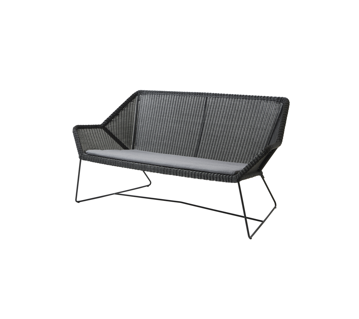 Stilren tvåsitssoffa med vävd design och bekväm grå kudde, som har eleganta metallben för stöd.