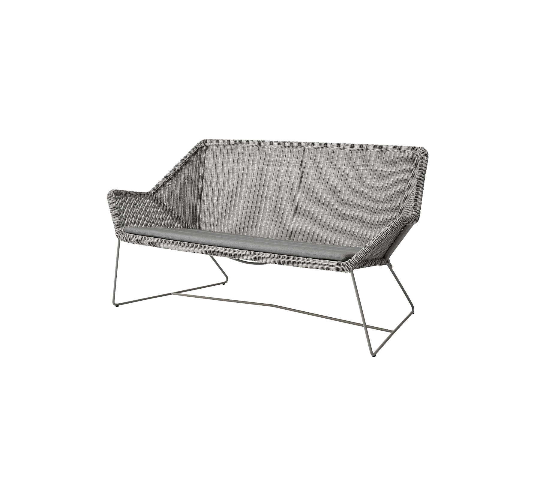 Stilren tvåsitssoffa med en modern design som har en vävd textur och slanka metallben, perfekt för avkoppling och estetisk tilltalande.