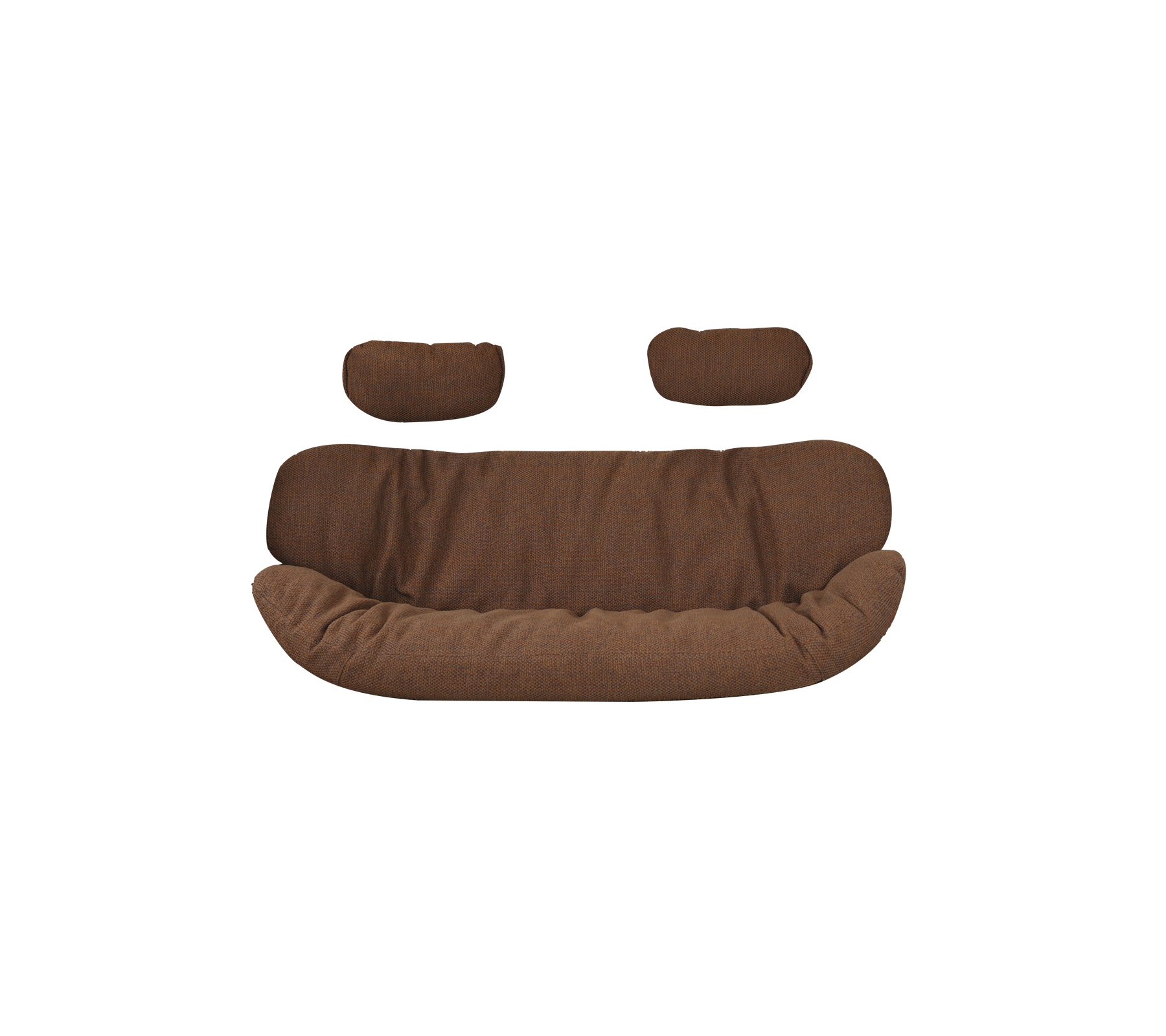 Brun klädd soffa med två matchande kuddar, med en böjd, inbjudande design. Perfekt för mysig sittplats.