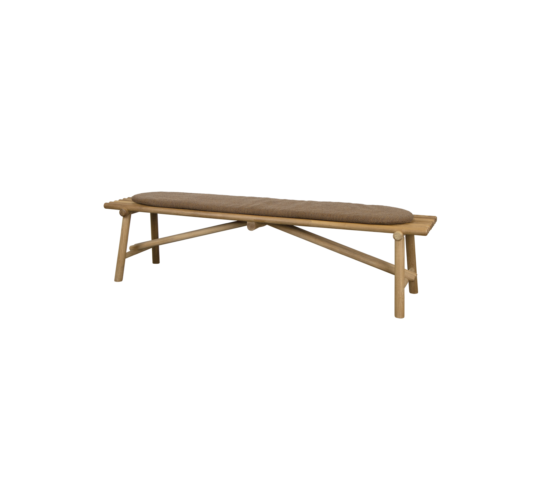 Bänk av trä med en svängd sits och korslagda ben, som erbjuder en stilren och minimalistisk sittlösning.