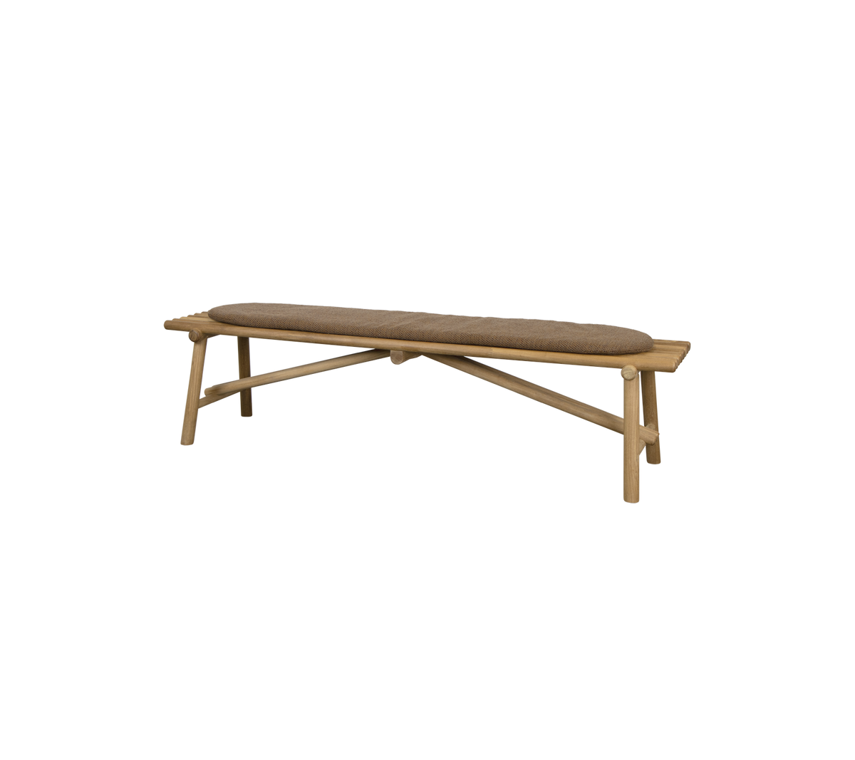 Bänk av trä med en svängd sits och korslagda ben, som erbjuder en stilren och minimalistisk sittlösning.