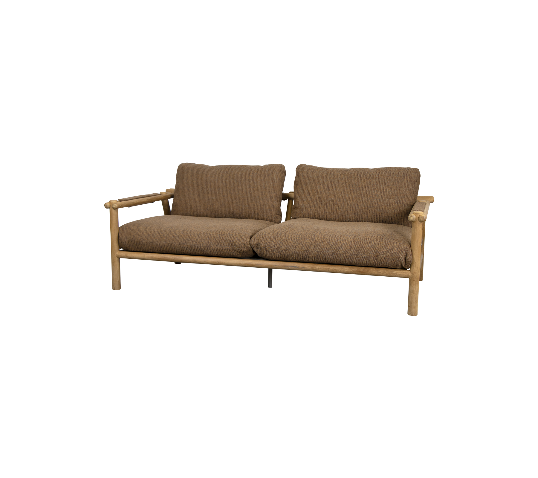En bekväm tvåsitssoffa med trästomme och mjuka bruna kuddar, designad för avkoppling och stiligt sittande.