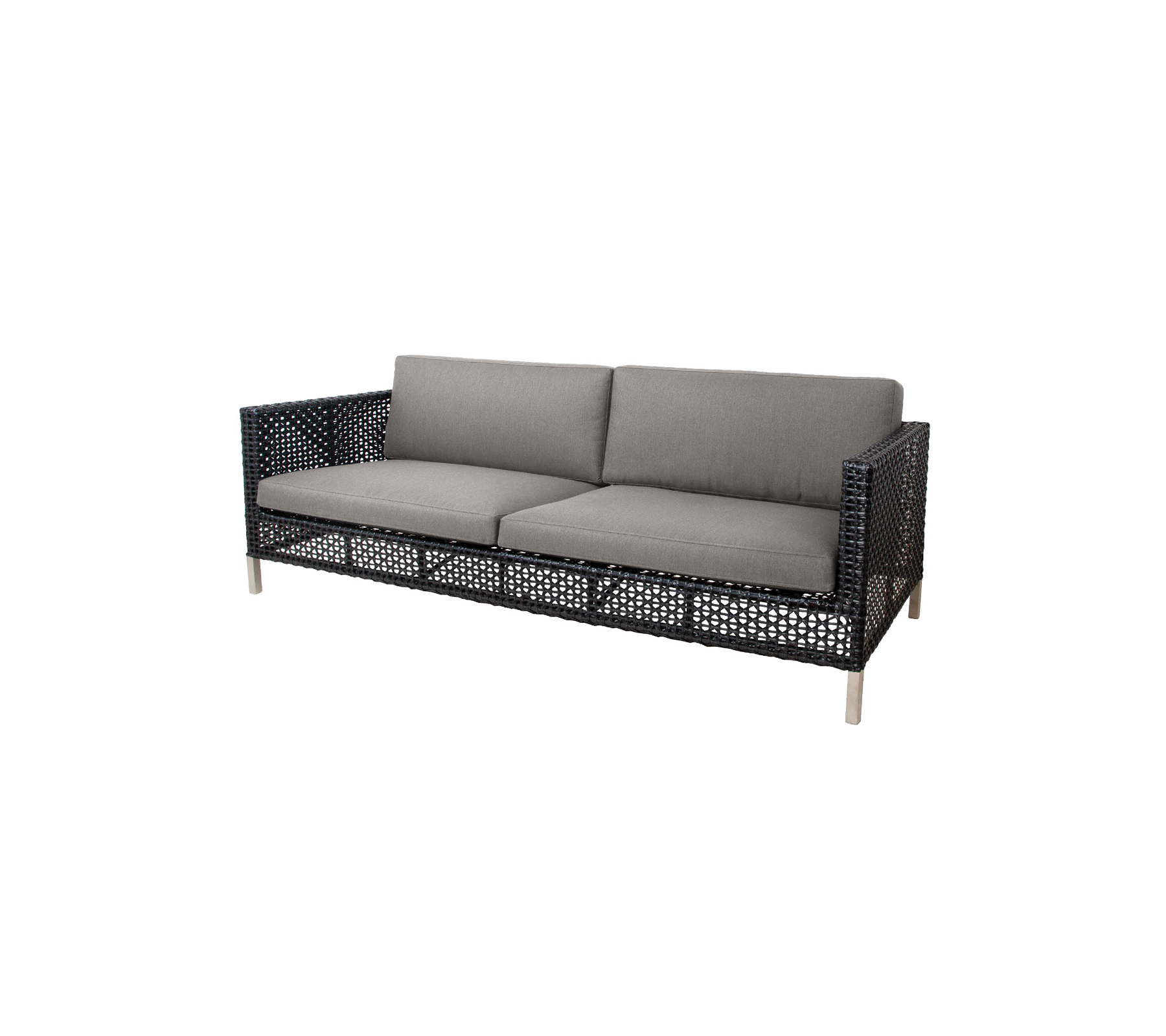 Stilsoffa med vävt mönster och grå kuddar, designad för komfort och modern estetik. Perfekt för vilket sittområde som helst.