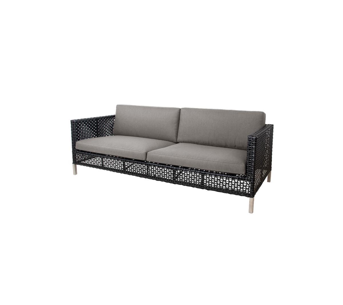 Stilsoffa med vävt mönster och grå kuddar, designad för komfort och modern estetik. Perfekt för vilket sittområde som helst.