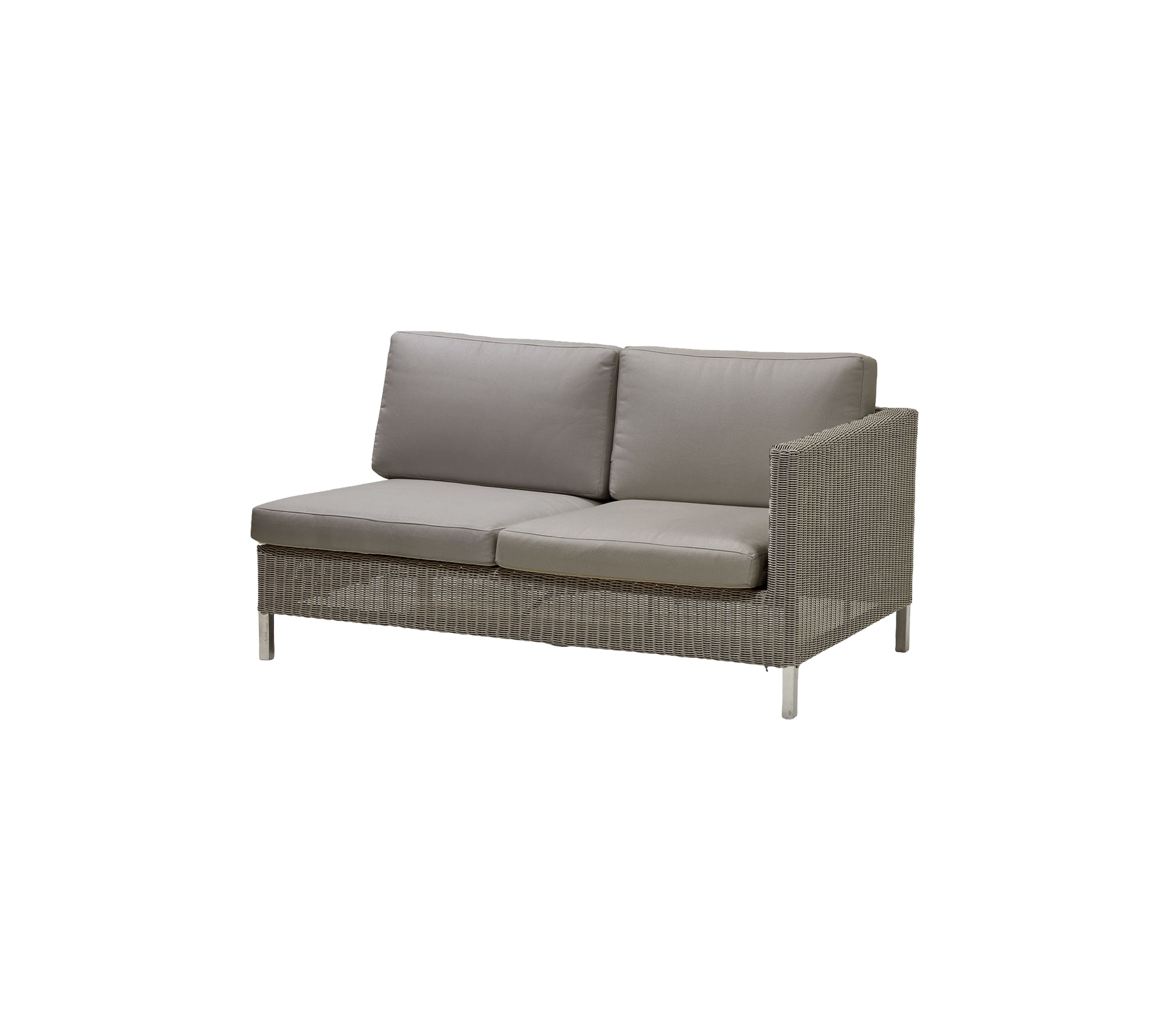 Modern tvåsittssoffa med en texturerad ram och mjuka grå kuddar för komfort och stil. Perfekt för avkoppling.