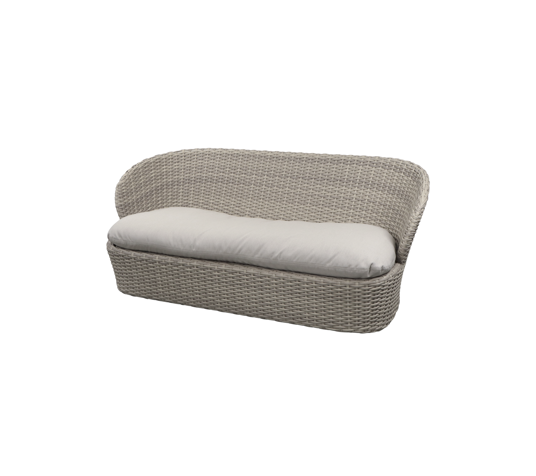 Vävt tvåsitssoffa med ett mjukt kuddar, med en modern design och neutral färg. Ideal för avslappning och komfort.