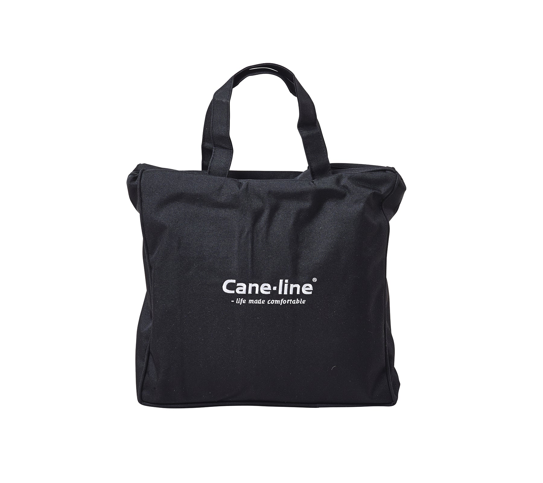 Svart tote-väska med Cane-line-logotyp i vitt. Lämplig för olika ändamål, som kombinerar stil och funktionalitet.