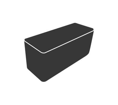 Grå förvaringslåda med ett rektangulärt lock och lutande sidor. Ideal för att organisera olika föremål.