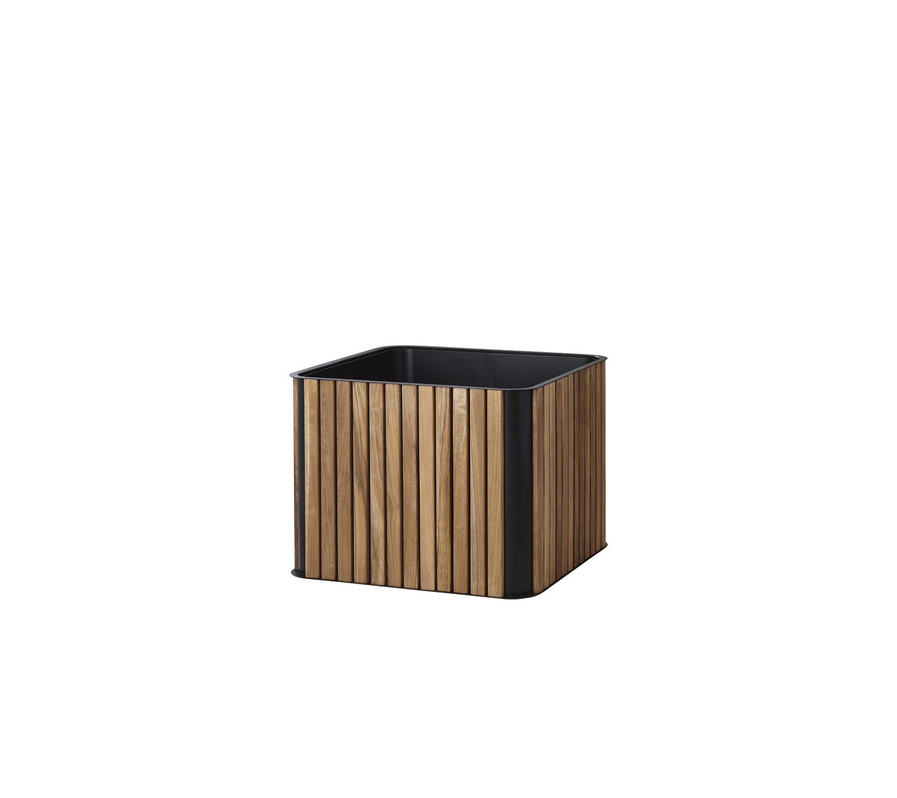Fyrkantig planter med ett träslatsdesign och en svart bas, ideal för att visa växter och förbättra vilket utrymme som helst.