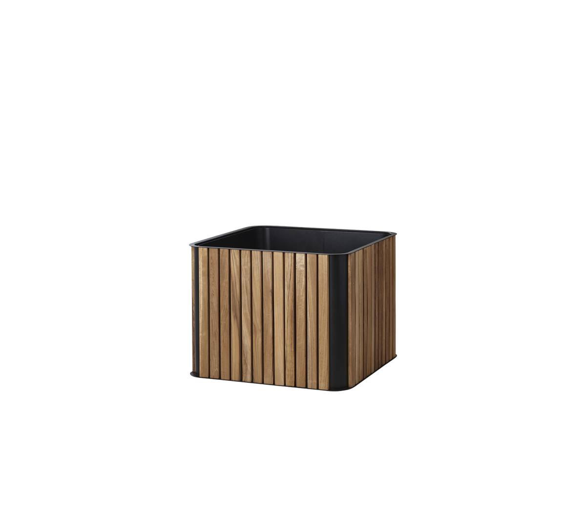 Fyrkantig planter med ett träslatsdesign och en svart bas, ideal för att visa växter och förbättra vilket utrymme som helst.