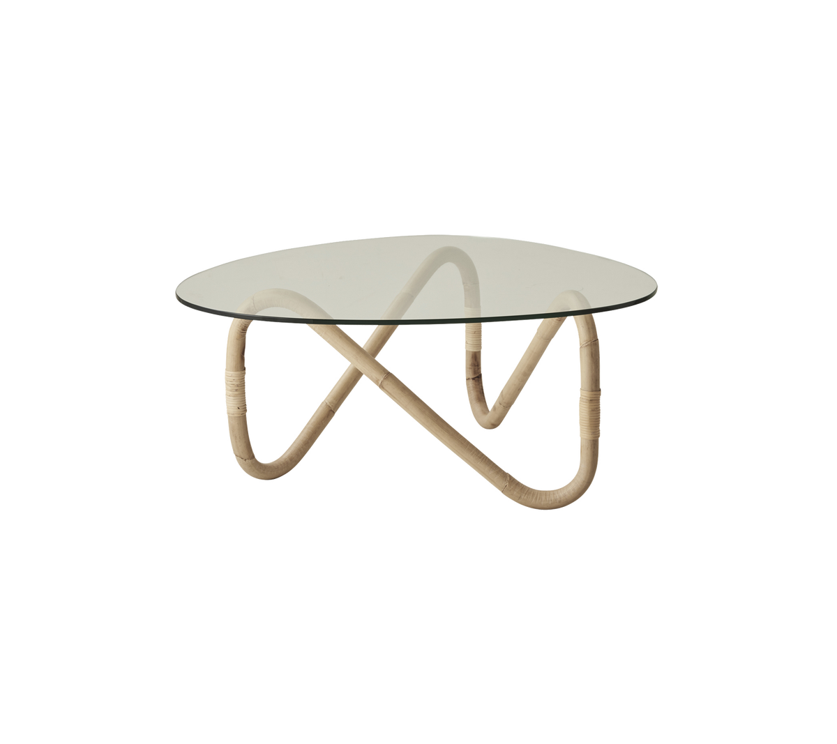 Runt glasbord med en stilren, böjd rottingsbas som erbjuder en modern, elegant design som passar för olika miljöer.