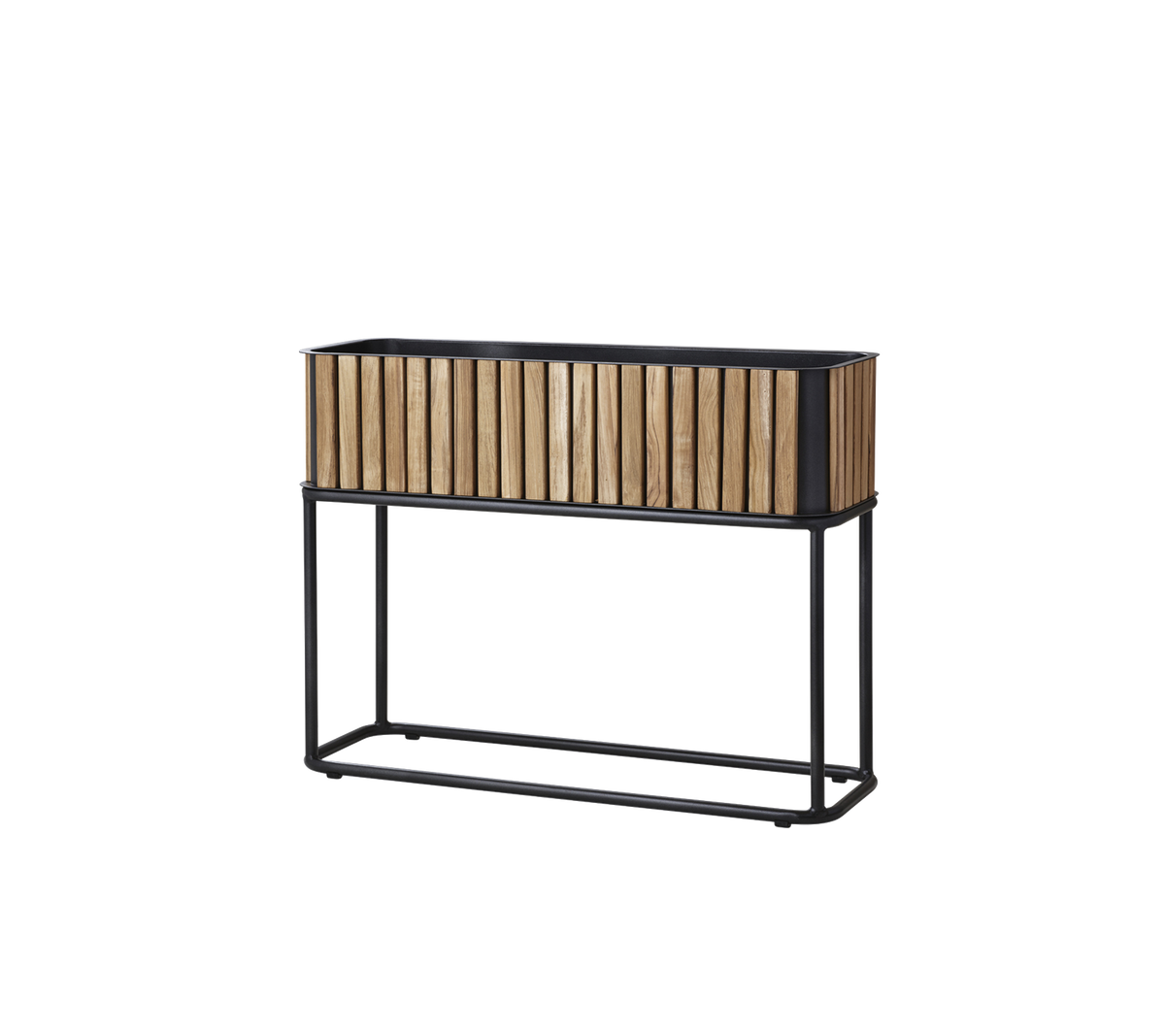 Trälåda med ett lameller-design, stödd av en elegant metallram, lämplig för att visa växter eller blommor.