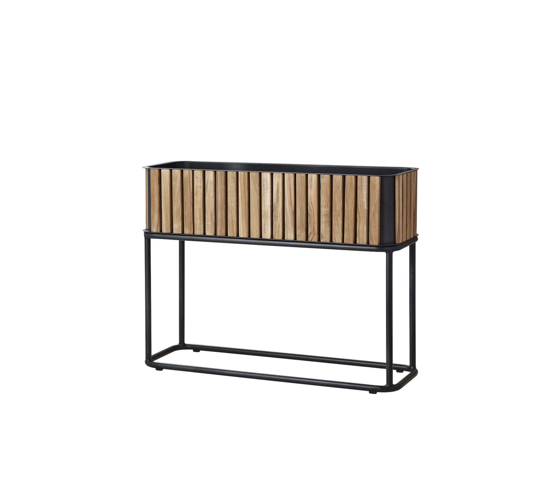 Trälåda med ett lameller-design, stödd av en elegant metallram, lämplig för att visa växter eller blommor.