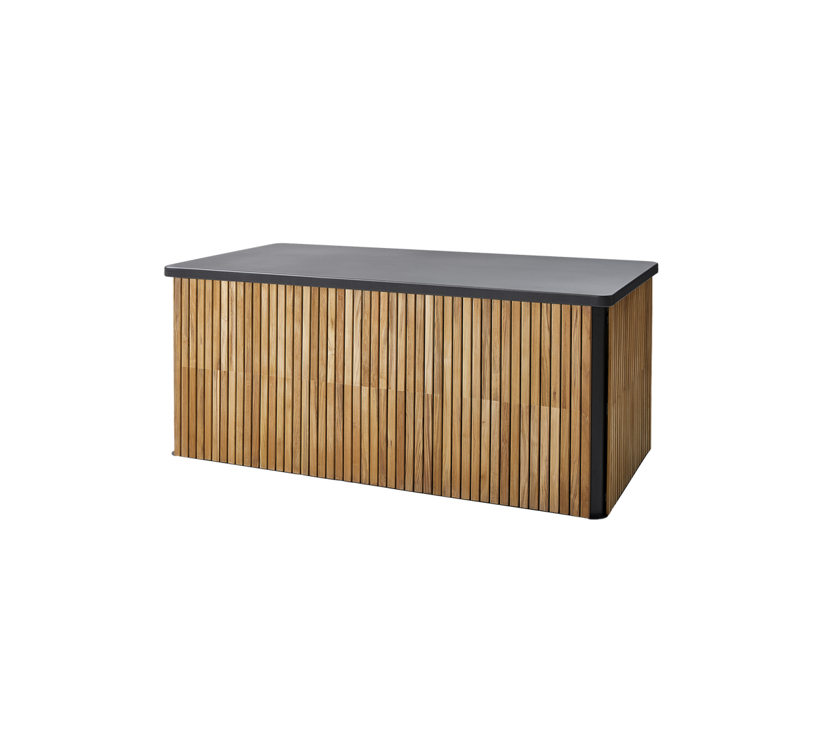 Stilren förvaringsbank med en sleek mörk topp och en vertikal spjälldesign i trä för en modern estetik. Ideal för mångsidig användning.