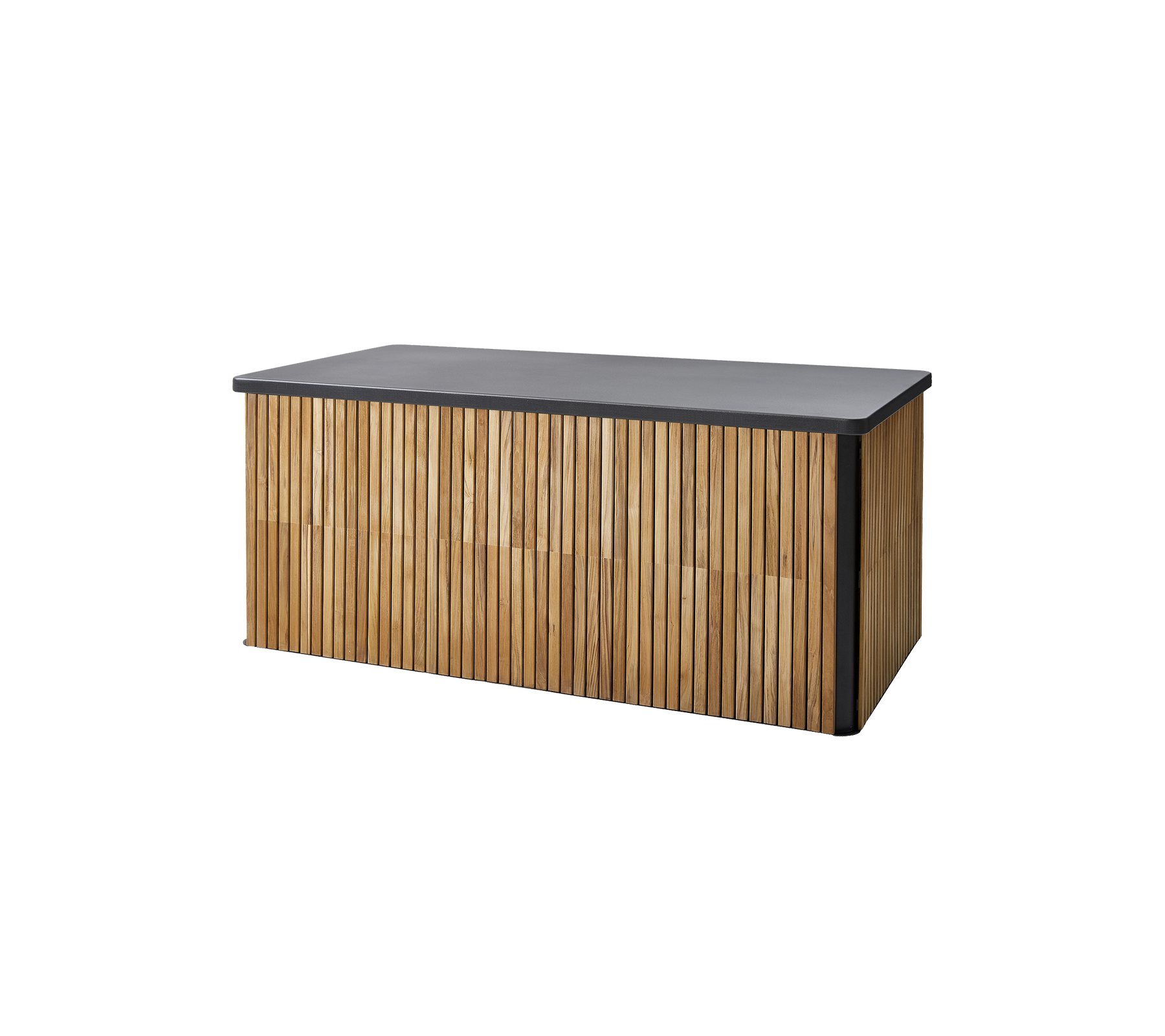 Stilren förvaringsbank med en sleek mörk topp och en vertikal spjälldesign i trä för en modern estetik. Ideal för mångsidig användning.
