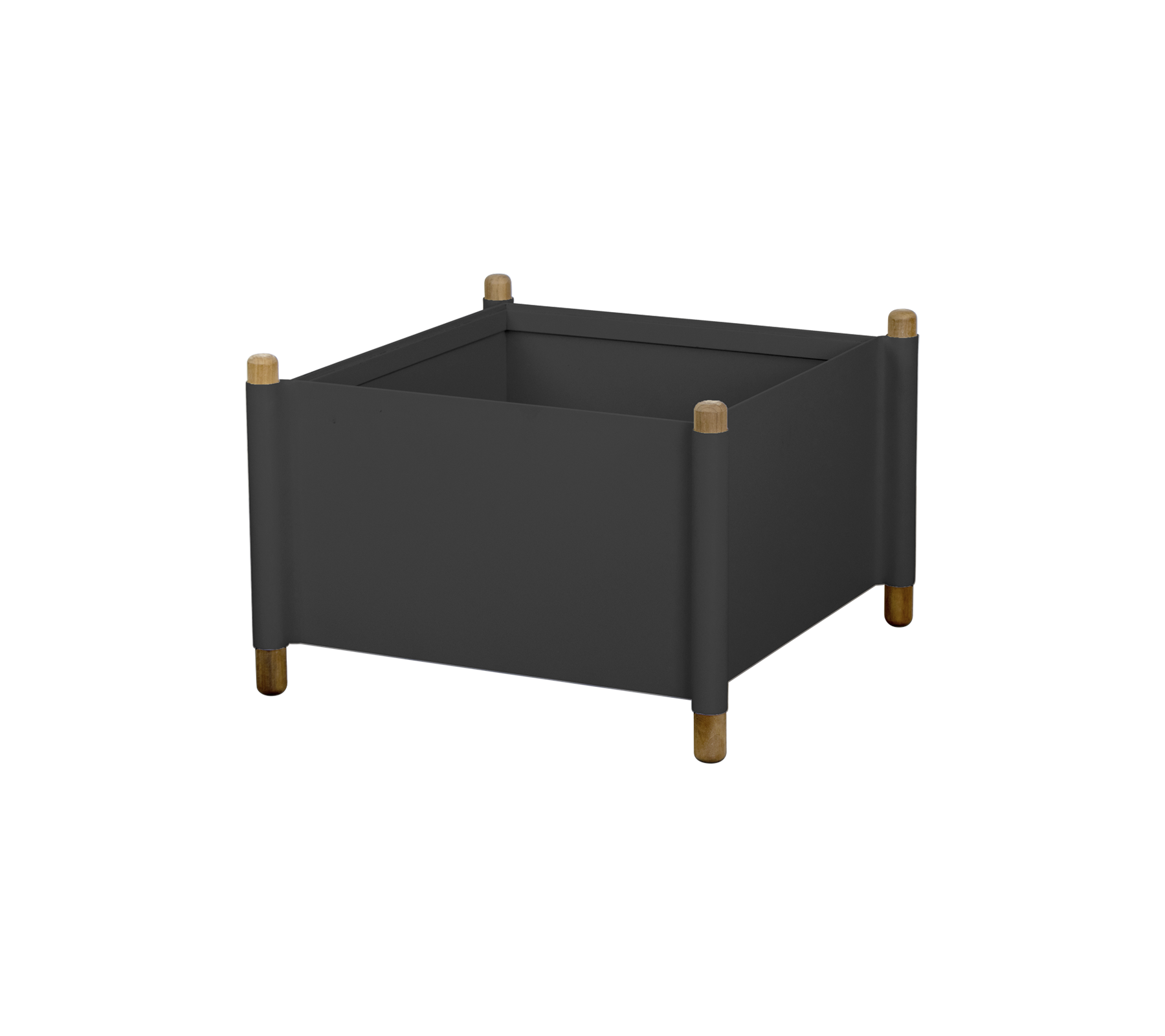 En fyrkantig planter med mörk finish och träben, designad för att visa växter eller blommor på ett stilfullt sätt.