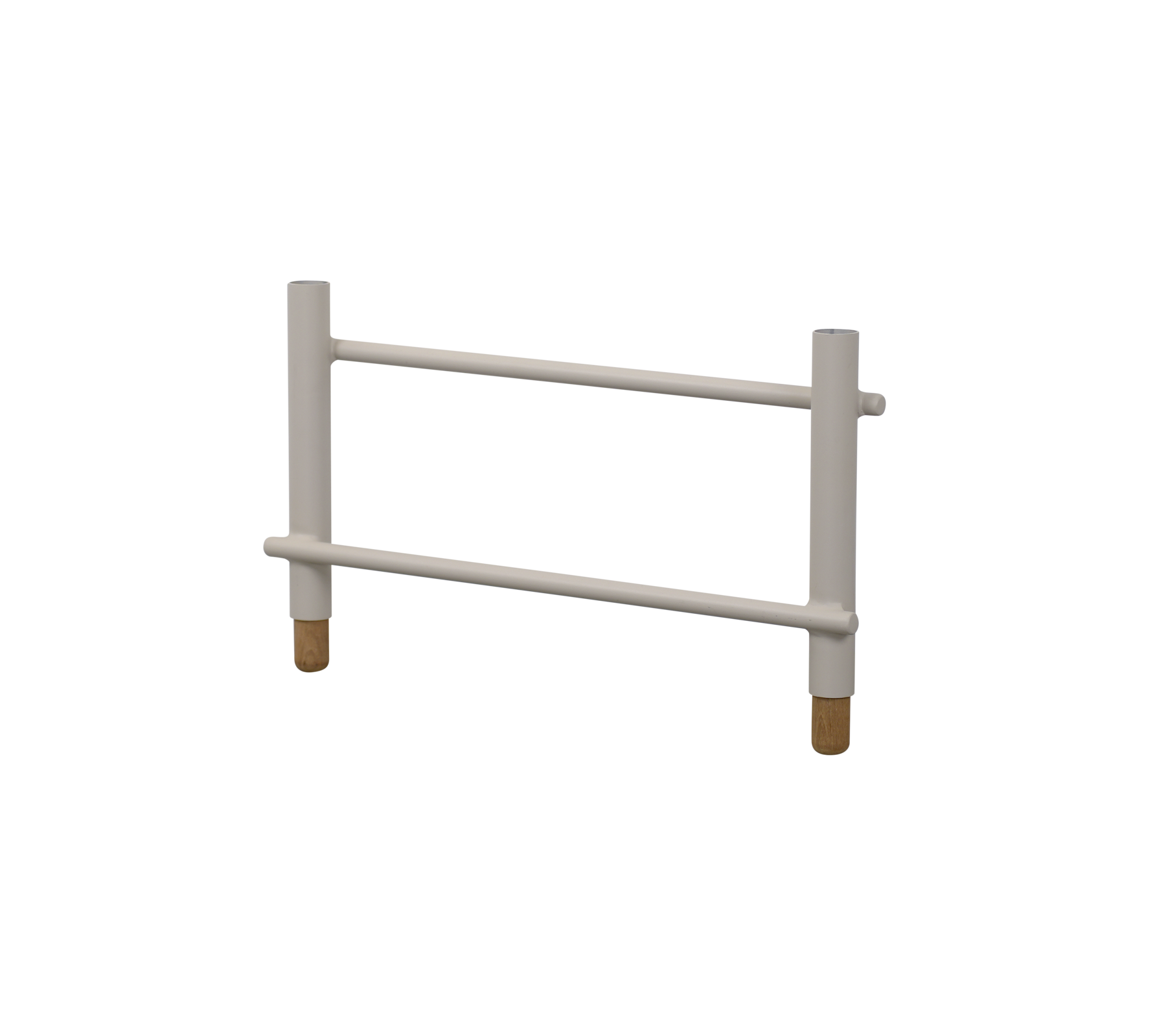 Vit stödram med två horisontella stänger och fyra cylindriska ben, designad för stabilitet och tillgänglighet.