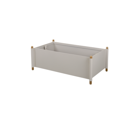Ljusgrå förvaringslåda med träben och minimalistisk design, lämplig för organisering av olika föremål.
