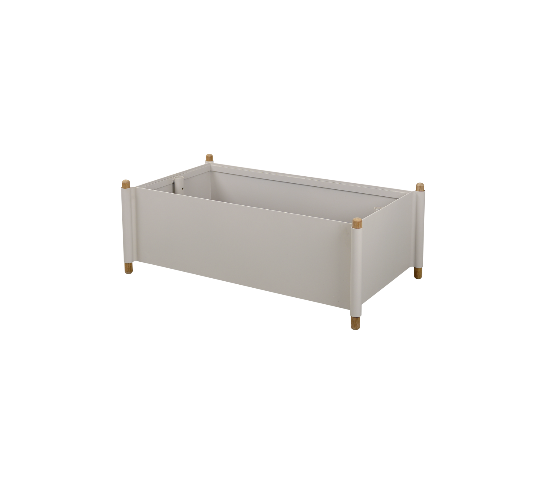 Ljusgrå förvaringslåda med träben och minimalistisk design, lämplig för organisering av olika föremål.